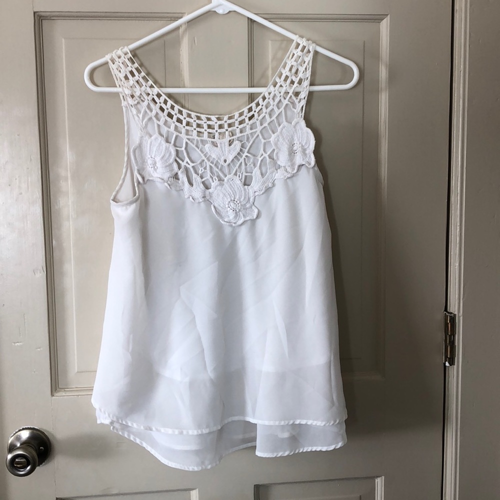 White layered tank with crochet neckline